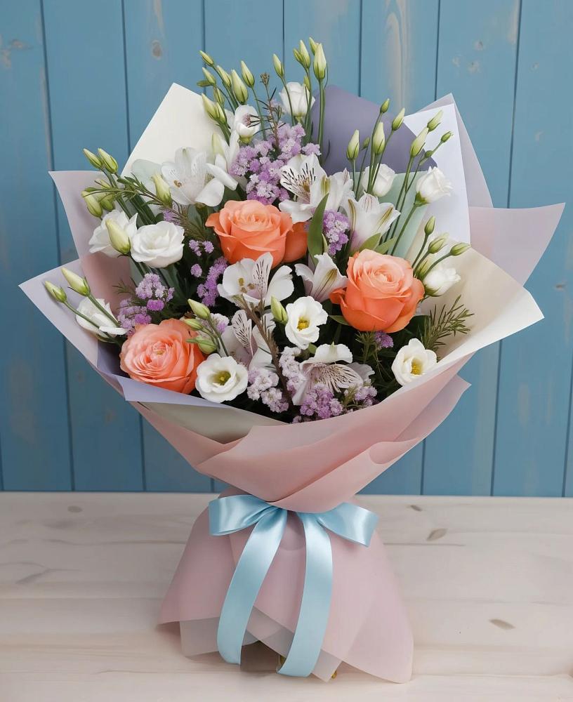 Букет цветов из: Лизиантусы, Розы, Альстромерии и Гипсофила в Татарино