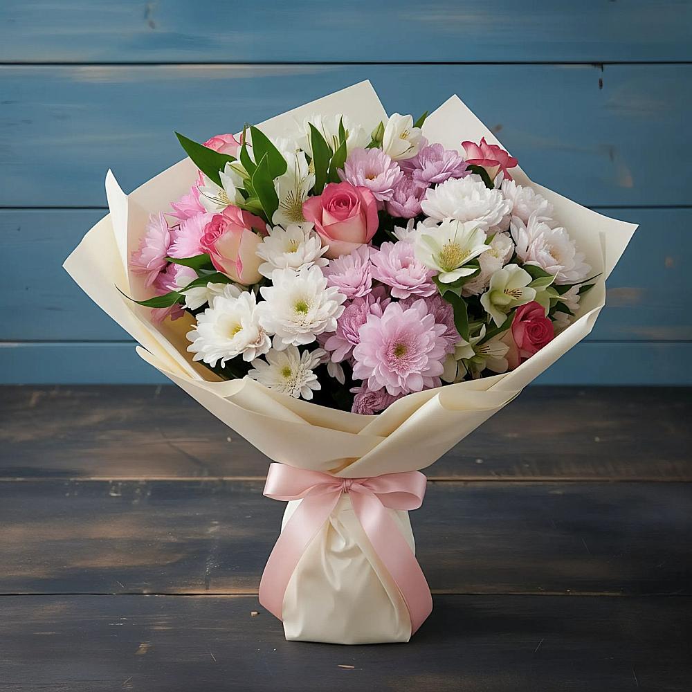 Букет цветов из: Хризантемы, Альстромерии и Розы в Татарино